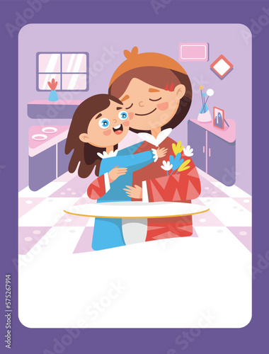 Vector illustration of a daughter hugging her mother. It can be used as a playing card, for children's development and learning.