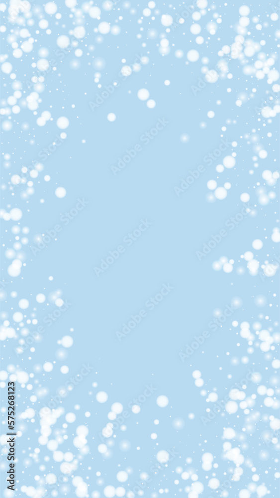 Snowfall overlay christmas background. Subtle flying snow flakes and stars on light blue winter backdrop. Festive snowfall overlay. Vertical vector illustration. Snowfall overlay christmas background. Subtle flying snow flakes and stars on light blue winter backdrop. Festive snowfall overlay. Vertical vector illustration.