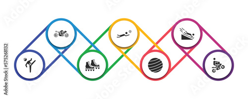 sports filled icons with infographic template. glyph icons such as motor sports, volleyball motion, scuba diving, taekwondo, roller skate, gym ball, motocross vector.