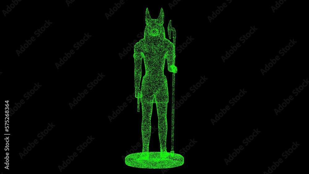 3D statue of Anubis on black bg. Object dissolved green flickering particles. Business advertising backdrop. Science concept. For title, text, presentation. 3D animation