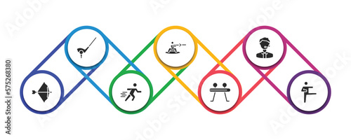 sport filled icons with infographic template. glyph icons such as golf, wakeboarding, commentator, archery, sprint, gymnastics, karate vector.