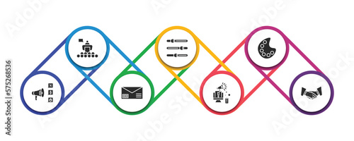 social media marketing filled icons with infographic template. glyph icons such as conference, options, color, promotion, letter with stamp, digital marketing, partner vector.