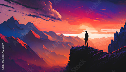 beautiful sky and man standing on cliff, gradient digital art illustration by generative ai
