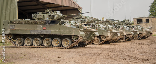 Fotografie a row of five British army Warrior FV510 fighting vehicles ready for military de