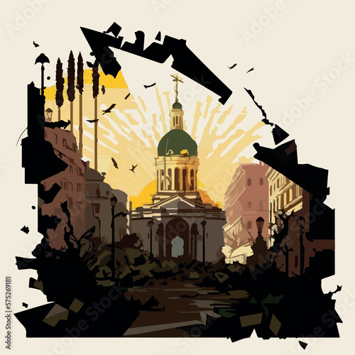 War on Ukraine concept destroyed Ukrainian city flat vector illustration