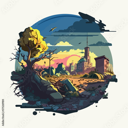 War on Ukraine concept destroyed Ukrainian city flat vector illustration
