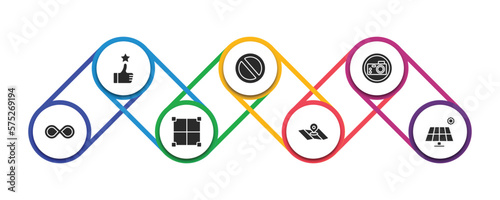 signs filled icons with infographic template. glyph icons such as superior, prohibition circle, camera, infinity, borders, maps and location, panels vector.