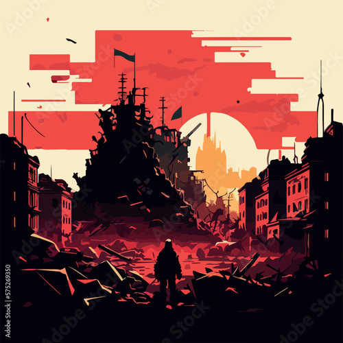War on Ukraine concept destroyed Ukrainian city flat vector illustration