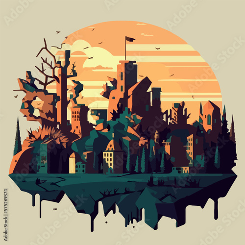 War on Ukraine concept destroyed Ukrainian city flat vector illustration