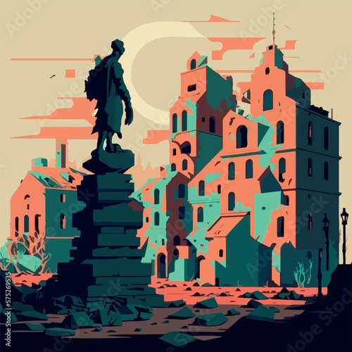 War on Ukraine concept destroyed Ukrainian city flat vector illustration