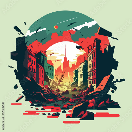 War on Ukraine concept destroyed Ukrainian city flat vector illustration
