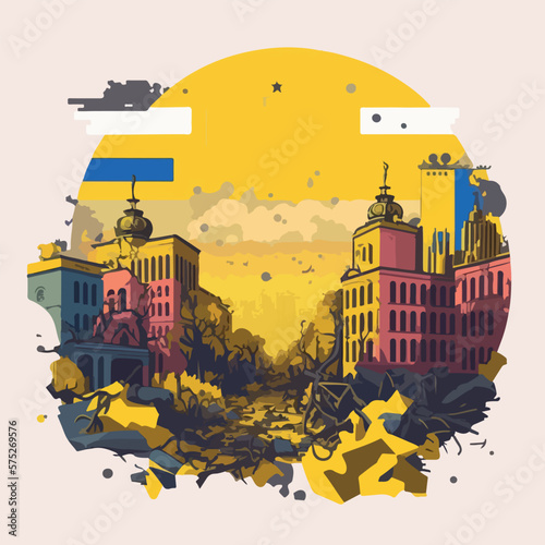 War on Ukraine concept destroyed Ukrainian city flat vector illustration