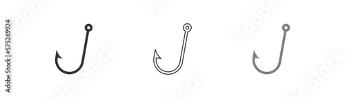 Fishhook icon on light background. Fishing symbol. Trap, lure, fish, angler, fisher signs. Scam concept. Outline, flat and colored style. Flat design. Vector illustration.