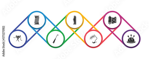 sew filled icons with infographic template. glyph icons such as wire coil, sew pattern, fabric, sewing needles, crochet, suture, pincushion vector.