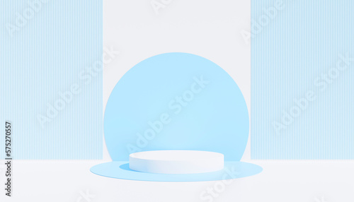 White and blue cylindrical plinth, round background for displaying advertising products. Minimal pastel studio scene. 3D rendering. © Sengdean