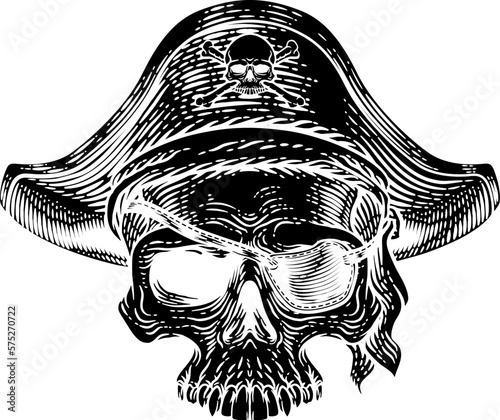 Pirate skull skeleton grim reaper mascot in pirates captain hat and eyepatch. Original illustration in a vintage retro woodcut etching style.