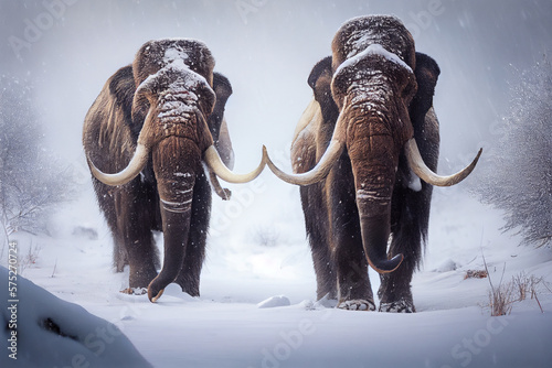 Amazing mammoth in the background of a winter landscape. AI generated