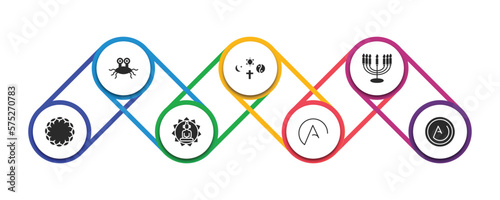 religion filled icons with infographic template. glyph icons such as pastafarianism, religion, menorah, crown of thorns, buddhism, atheism, asceticism vector.