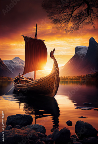 Viking ship in a picturesque place. AI generated