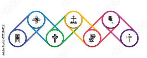 religion filled icons with infographic template. glyph icons such as native american sun, satanic church, bead, humanism, greek cross, chi rho, aaronic order church vector.