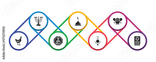 religion filled icons with infographic template. glyph icons such as jewish candles, mosque domes, manna jar, chicken, qibla, bindi, torah book vector.