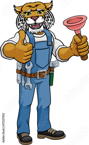 A wildcat plumber cartoon mascot holding a toilet or sink plunger giving a thumbs up