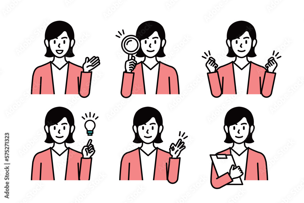 Set of female characters taking poses explaining and guiding business, education related Set of female characters taking poses explaining and guiding business, education related