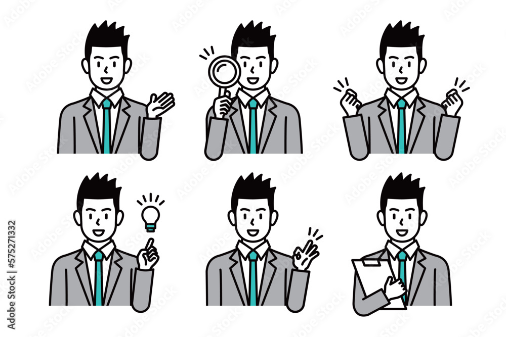 A collection of business man poses to guide and explain business A collection of business man poses to guide and explain business