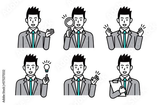A collection of business man poses to guide and explain business