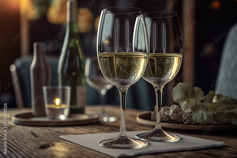 Pair of glasses of champagne or white wine on the background of the restaurant Pair of glasses of champagne or white wine on the background of the restaurant