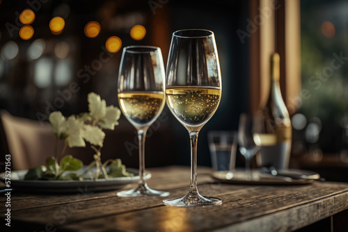 Pair of glasses of champagne or white wine on the background of the restaurant