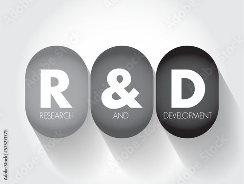 R and D - Research and Development is activities that companies undertake to innovate and introduce new products and services, acronym text concept background