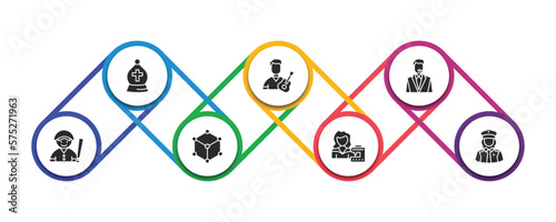 professions & jobs filled icons with infographic template. glyph icons such as bishop, guitar player, bouncer, baseball player, model, seamstress, policewoman vector.