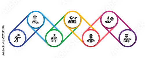 professions filled icons with infographic template. glyph icons such as postman, chemist, podiatrist, athlete, basketball player, doctor, plumber vector.