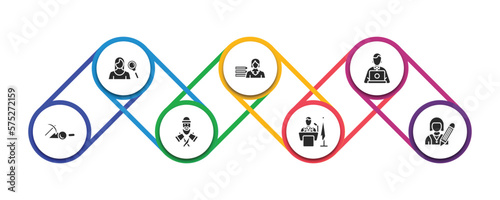 professions filled icons with infographic template. glyph icons such as hr specialist, librarian, programmer, archeologist, lumberjack, president, writer vector.