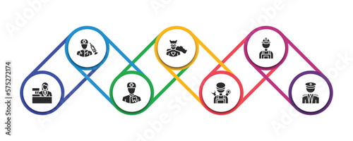 professions filled icons with infographic template. glyph icons such as surgeon, superhero, builder, clerk, orthodontist, mechanic, captain vector.