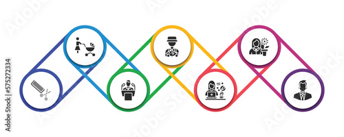 professions filled icons with infographic template. glyph icons such as baby sitter, fisherman, florist, hairdresser, politician, graphic de, businessman vector.