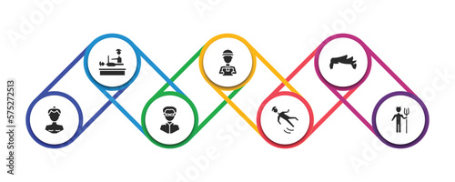 people filled icons with infographic template. glyph icons such as chiropractic, curier, man hair, sumo fighter, matrix, slide down, devil standing up vector.