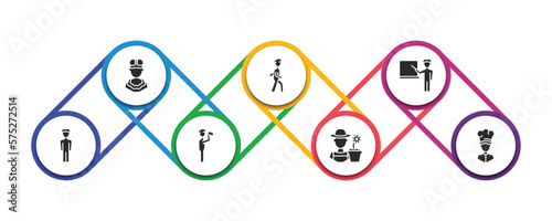 people filled icons with infographic template. glyph icons such as king momo, person walking, school teacher, vertical, monocular, garderner, cook vector.