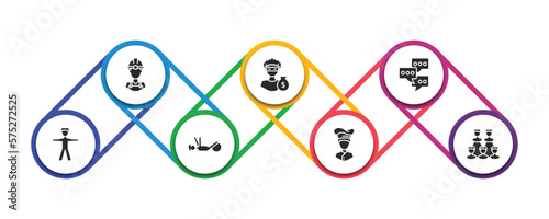 people filled icons with infographic template. glyph icons such as constructor, steal, chat group, standing frontal man, physiotherapy, chief, relation vector.