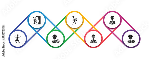 people filled icons with infographic template. glyph icons such as climbing sport, backpacker running, pulmonary, girl dancing, layer working, teacher reading, bad employee vector.