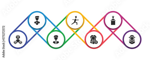 people filled icons with infographic template. glyph icons such as recovery, stretching exercises, speaker in a conference, networking connection, business tie, psychologist, festa junina vector.