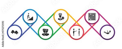 people filled icons with infographic template. glyph icons such as man climbing stairs, traffic police, family board games, speak bubble, relations, police arresting man, locust vector.