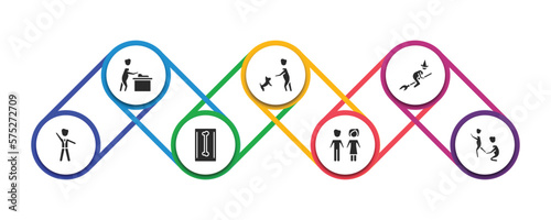 people filled icons with infographic template. glyph icons such as carpenter working, dog trainer, witch flying broom, bestman, radiologist working, woman and man partners, helping other to jump