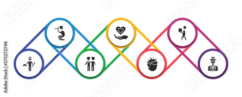 people filled icons with infographic template. glyph icons such as photographer working, heart in hands, men carrying a box, architech working, hugging, man with crown, sir vector.