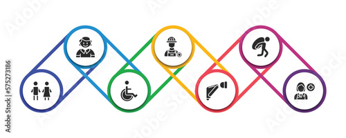 people filled icons with infographic template. glyph icons such as small boy, technician, burden, restroom, handicapped, ruku, female doctor vector.