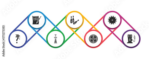 other filled icons with infographic template. glyph icons such as paper list and a pencil, skittles, saw blade, graduation's questions, tower freefall, shooting gallery, fuel service vector.