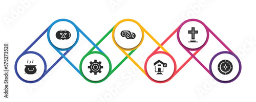 other filled icons with infographic template. glyph icons such as pirate pumpkin, interlock, tombstone with cross, caudron, mechanical gears, smarthome, roulette table vector.