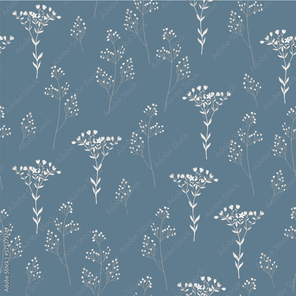 Elegance wild Flowers seamless Pattern on blue background. Vintage gentle Meadow wallpaper. Hand drawn simple Botanical surface. Vector illustration