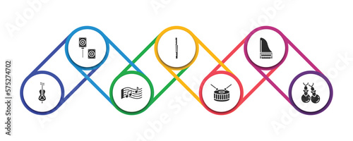 music filled icons with infographic template. glyph icons such as sound system, bassoon, harpsichord, double bass, melody, snare drum, castanets vector.